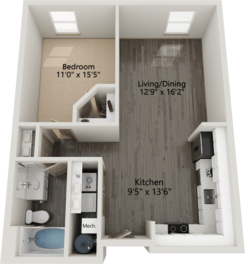 Floor plan for 1 bed, 1 bath, 734 sqft
